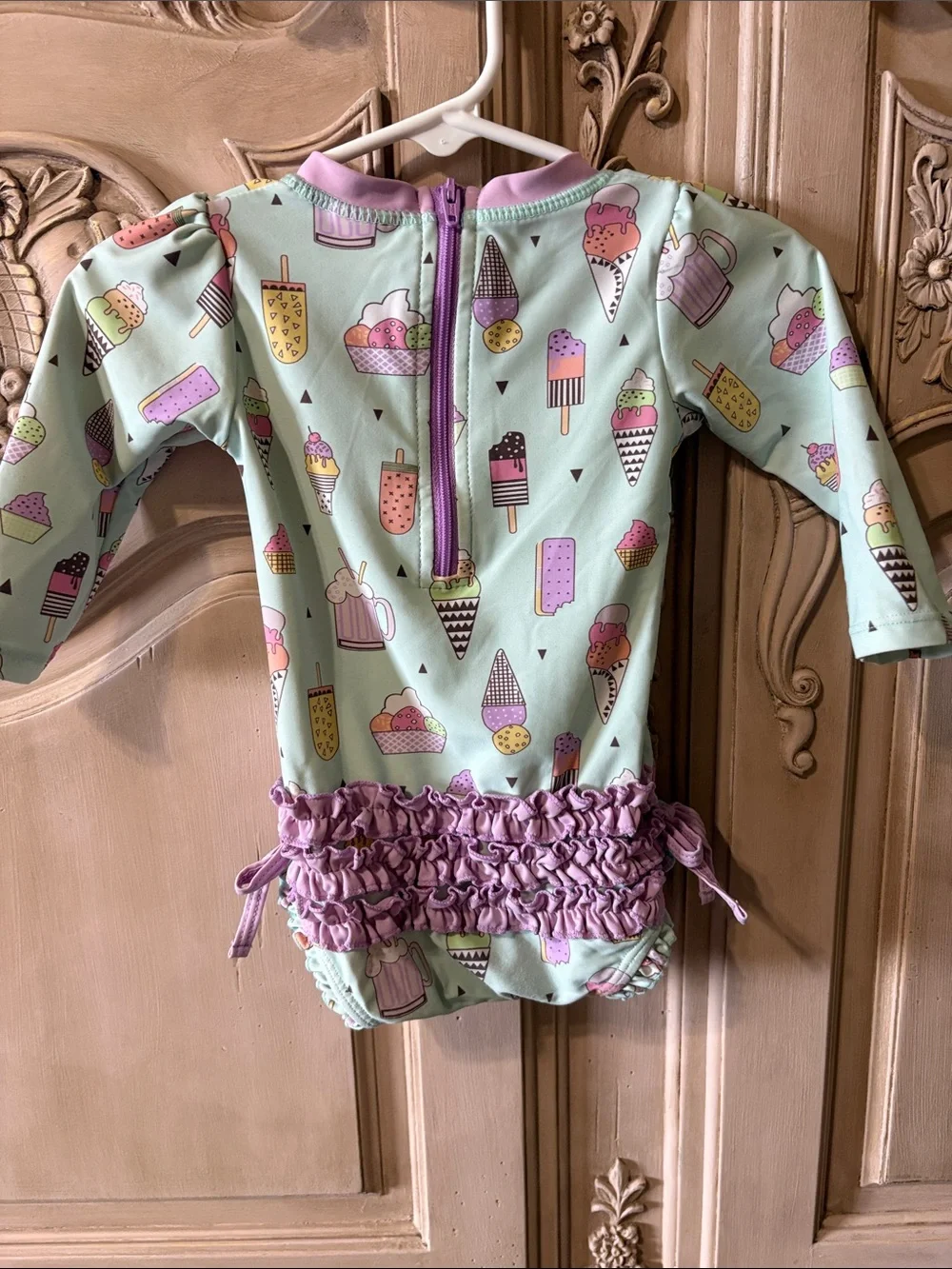 Ruffle Butts Mint Ice Cream Print Long-Sleeve One-Piece
